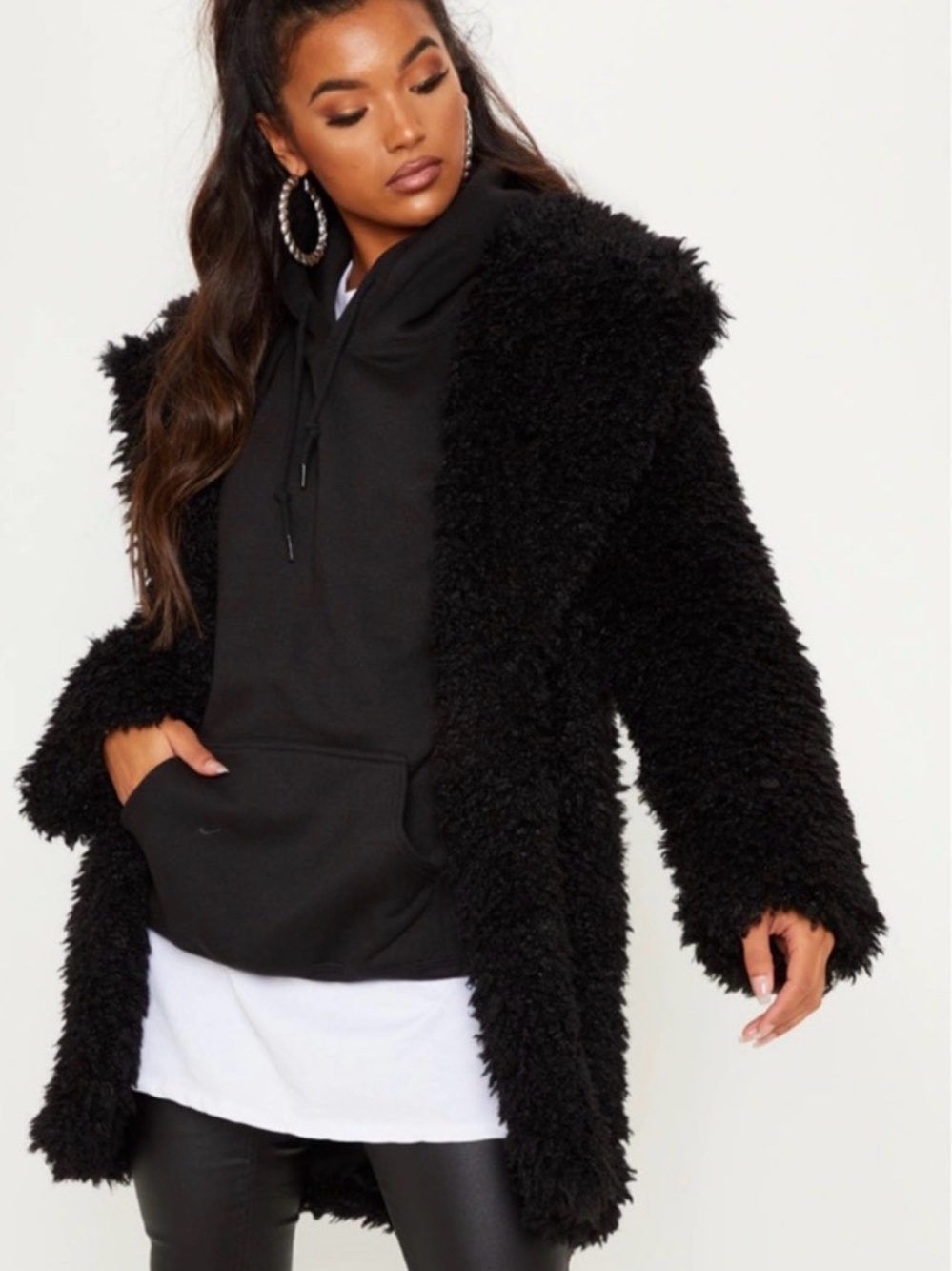 PrettyLittleThing Black Faux Teddy Coat